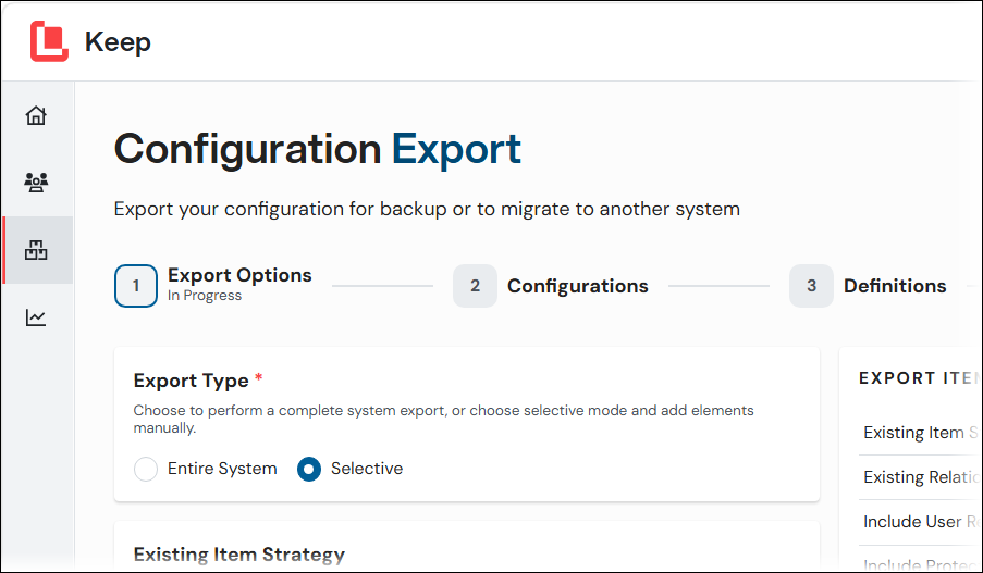The Export Type option on the Export Options page of the Configuration Export process.